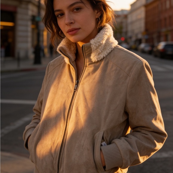 cupcakes & cashmere Jackets & Blazers - cupcakes & cashmere Reversible Taupe Faux Suede: Sherpa Bomber Jacket